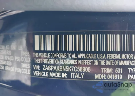 2019 Alfa Romeo Stelvio Ti Lusso Awd z USA, uszkodzony, nr VIN ZASPAKBN5K7C58905